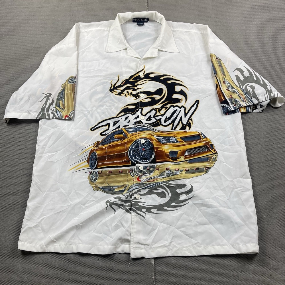 Vintage Oscar Misa Shirt Mens XL Car‎ Dragon Graphic Button Sleeve Hit Tribal